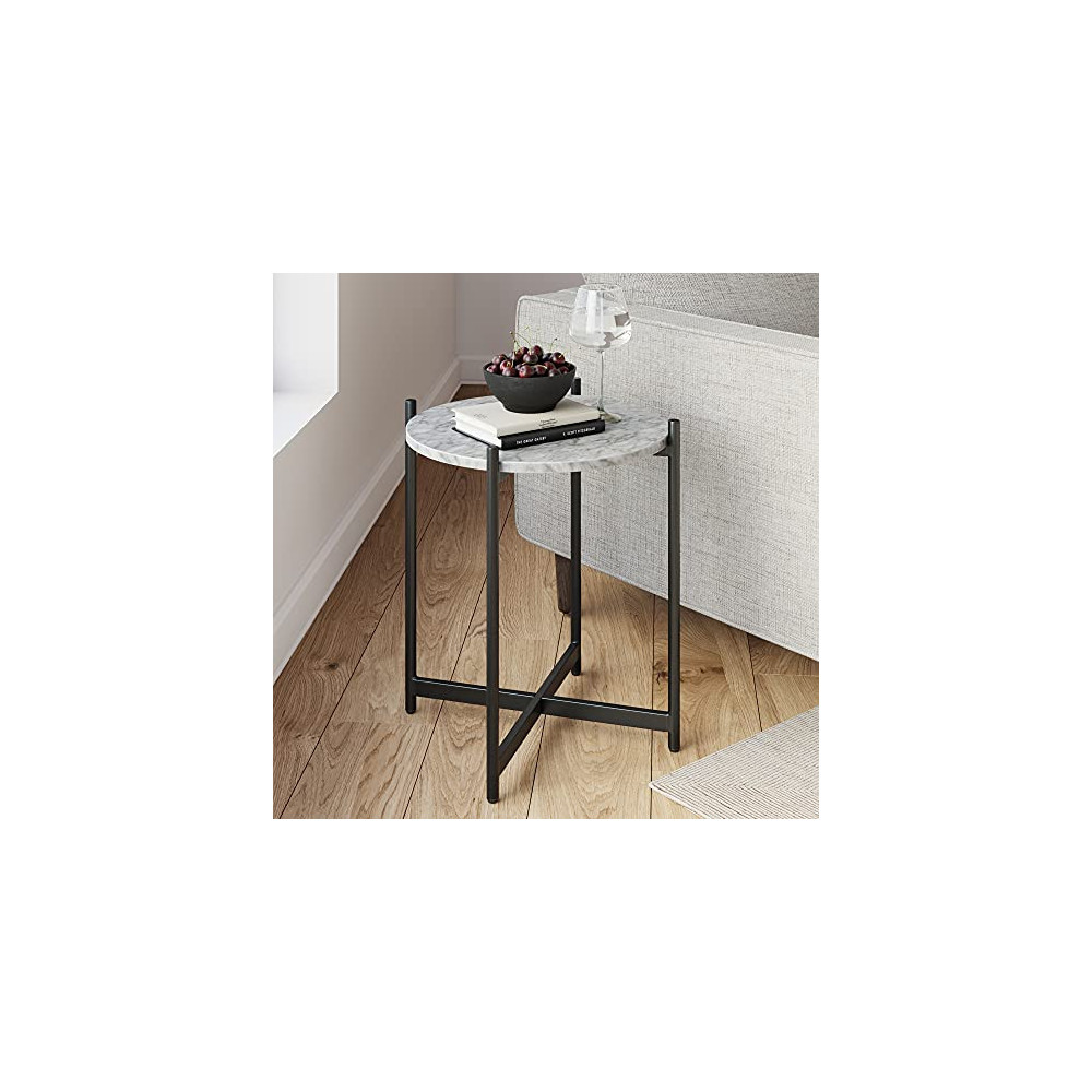 Nathan James Roland Modern Faux Marble Round Accent Side, Metal End Table with X-Shaped Base, White/Black