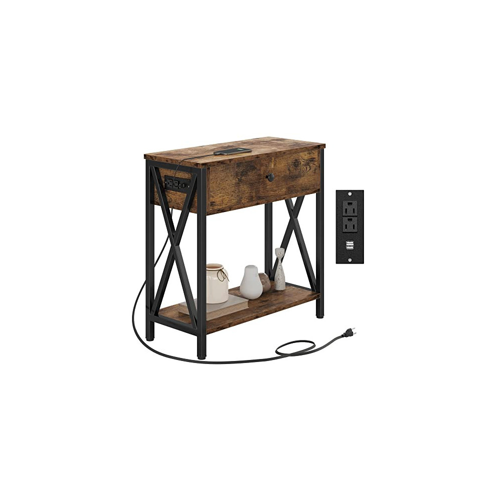 IRONCK Side Table, End Tables with Charging Station, USB Ports & Power Outlets, Pull-Down Drawer, for Small Spaces, Living Ro