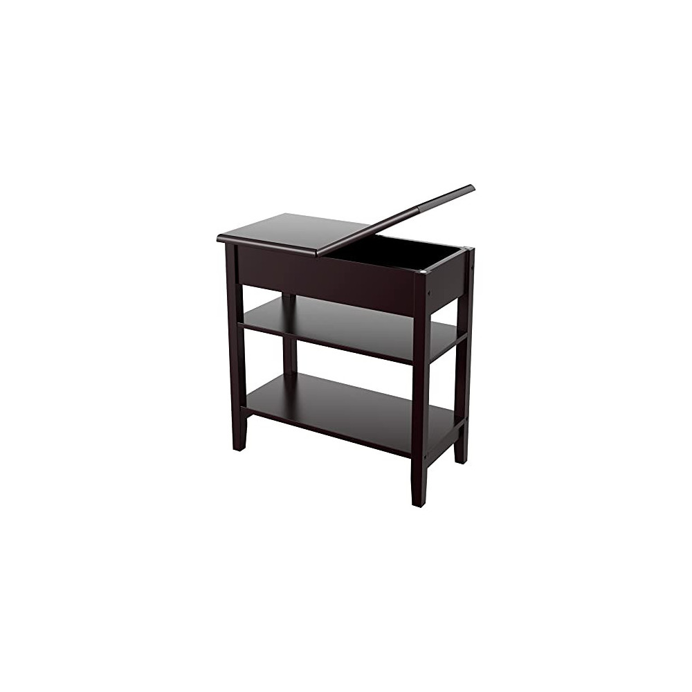 Narrow End Table with Storage, Flip Top Side Table with Shelves, Wood Nightstand Sofa Table for Bedroom, Living Room, Dark Br