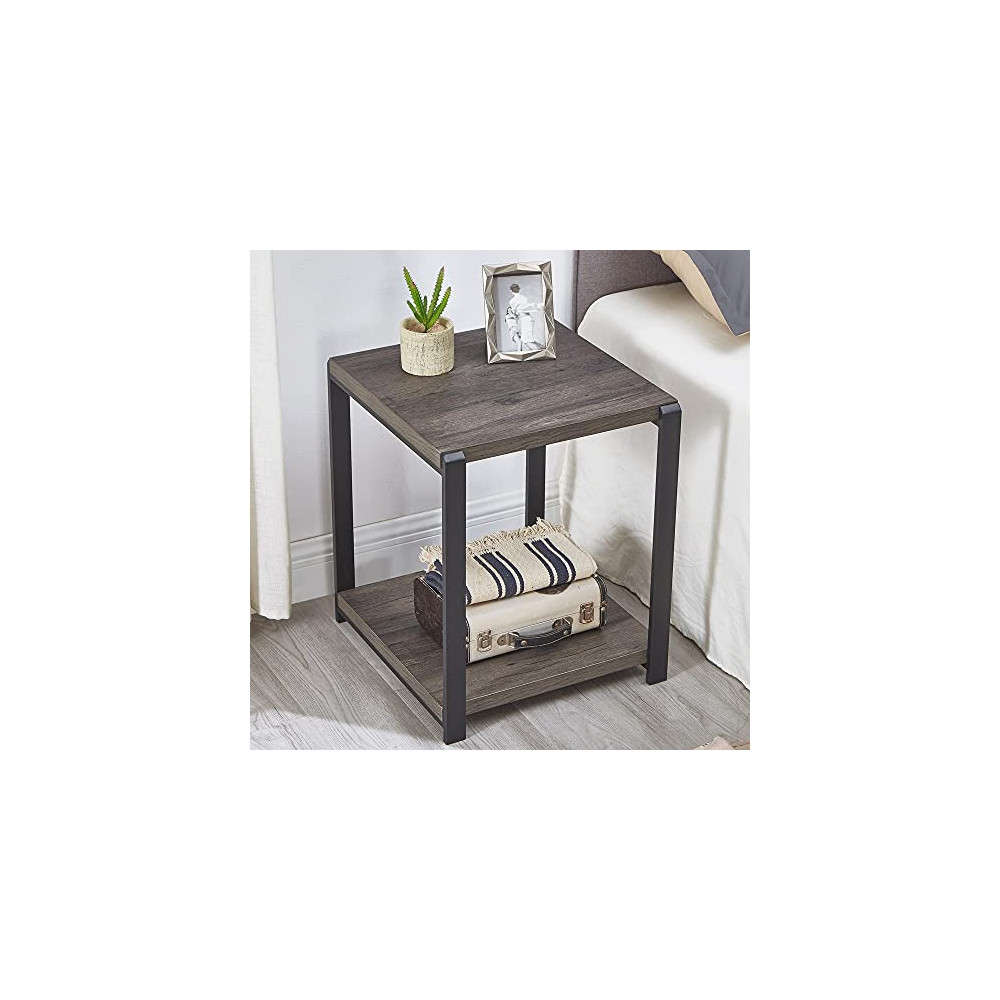 EXCEFUR End Table with Storage Shelf,Vintage Side Table for Living Room,Rustic Wood and Metal Nightstand for Bedroom,Grey