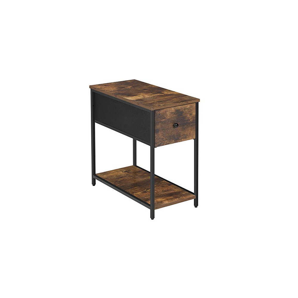 SONGMICS End Table, Sofa Side Table with Fabric Drawer and Shelf, Industrial Nightstand with Metal Frame, for Living Room, Ru