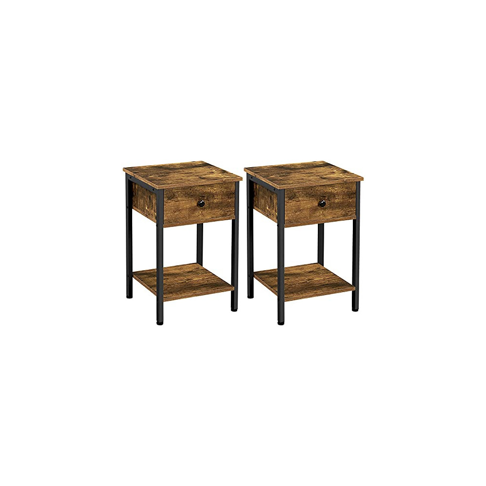 Yaheetech Set of 2 End Tables with Drawer and Open Shelf, Industrial Wooden Sofa Side Table for Living Room, Metal Frame, Eas