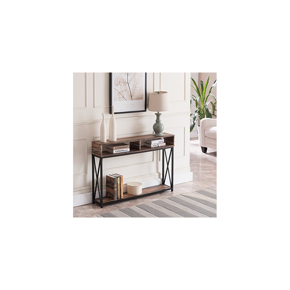 Reclaimed Weathered Oak Finish Top/Black Metal X-Design Frame 2-Tier Sofa Console Table with Two Storage Compartments