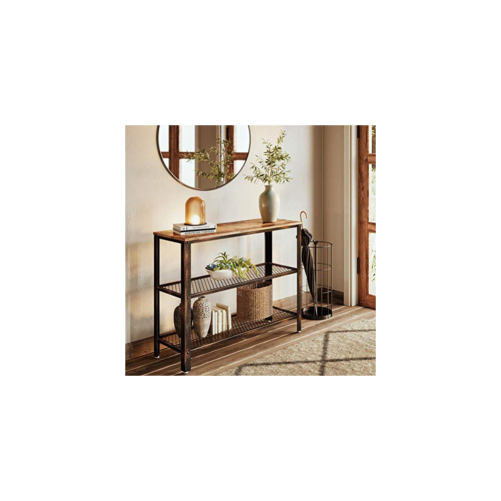Rolanstar Console Table with Shelves, 40” Rustic Entryway Table, Wood Sofa Table with Retro Metal Frame for Entryway, Living 