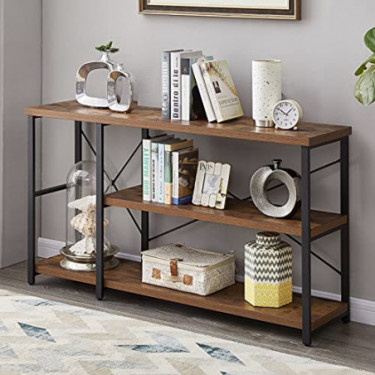 LIFUSTTG Console Table, Rustic Sofa Table for Living Room, Industrial Entryway Table with 3-Tier Open Storage Shelves, Rustic