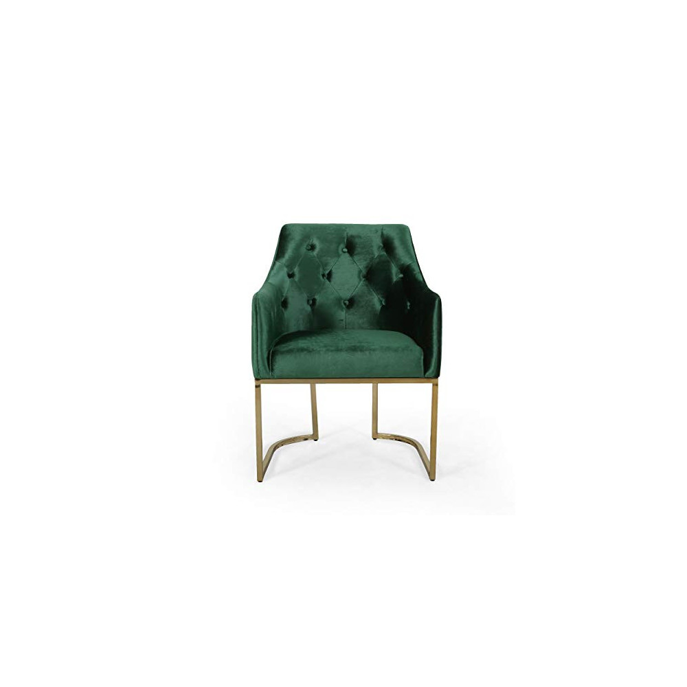 Christopher Knight Home 308959 Fern Modern Tufted Glam Accent Chair with Velvet Cushions and U-Shaped Base, Emerald and Gold 
