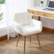 SSLine Faux Fur Vanity Chair Elegant White Furry Makeup Desk Chairs for Girls Women Modern Comfy Fluffy Arm Chair with Wood L