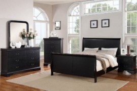 Poundex Louis Phillipe Bedroom Set Featuring French Style Sleigh Platform Bed and Matching Nightstand, Dresser, Mirror, Chest