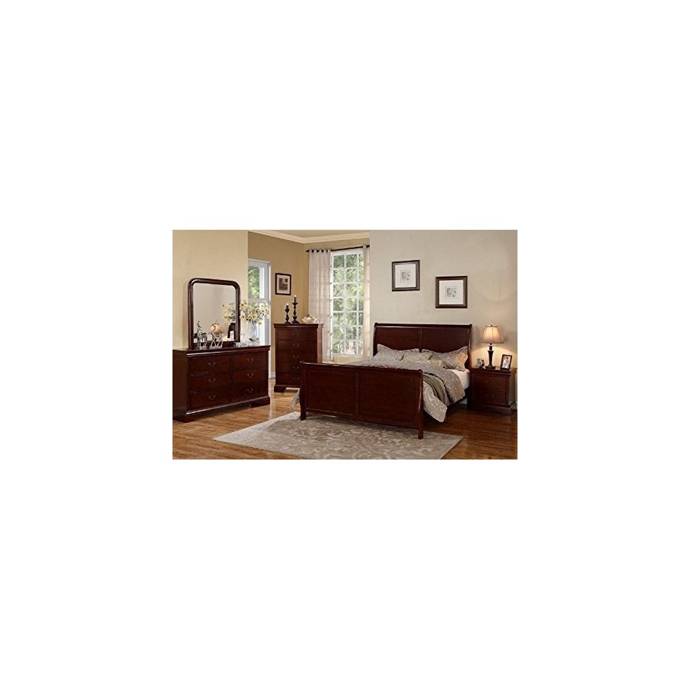 Poundex Louis Phillipe Bedroom Set Featuring French Style Sleigh Platform Bed and Matching Case Goods, Queen, Cherry