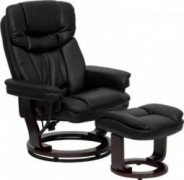 Flash Furniture Contemporary Multi-Position Recliner and Curved Ottoman with Swivel Mahogany Wood Base in Black Leather