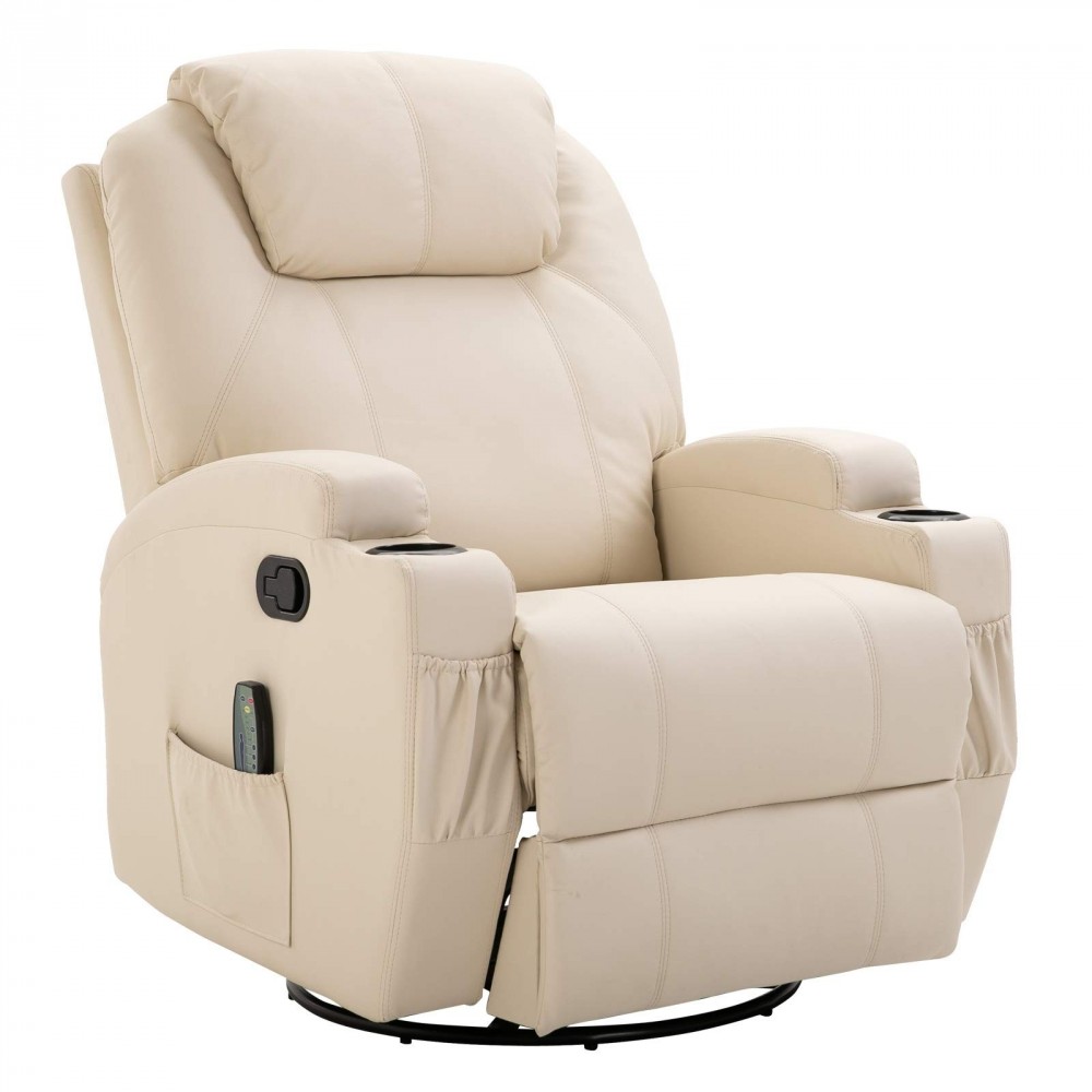 HomCom Massage Heated PU Leather 360 Degree Swivel Recliner Chair with Remote - Cream