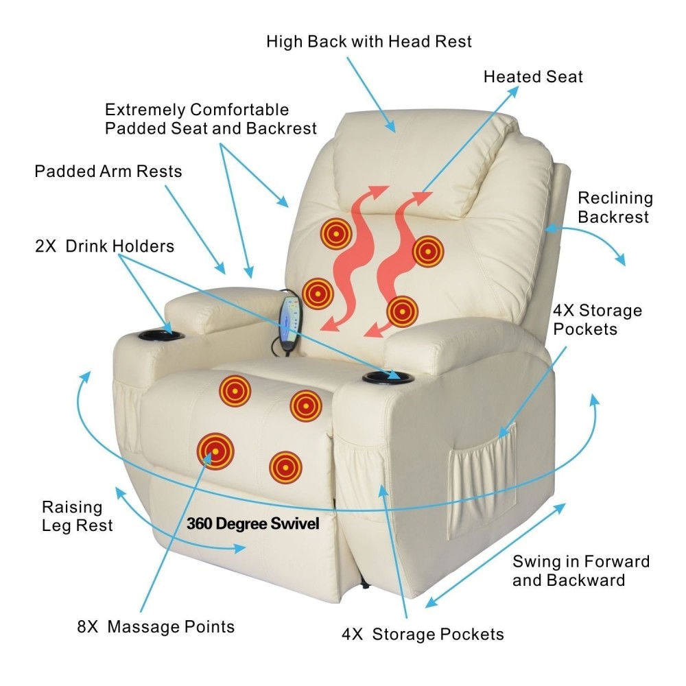 Massage Heated PU Leather 360 Degree Swivel Recliner Chair