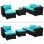 Outdoor Sectional Sofa Set 4-Piece Patio PE Black Wicker Rattan Conversation Furniture with Turquoise Cushion