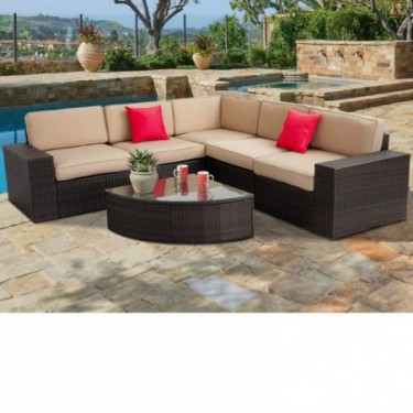 SUNCROWN Outdoor Furniture 6-Piece Patio Sofa and Wedge Table Set, All-Weather Brown Wicker with Washable Seat Cushions and G