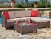 SUNCROWN Outdoor Sectional Sofa  5-Piece Set  All-Weather Brown Checkered Wicker Furniture with Brown Seat Cushions and Moder