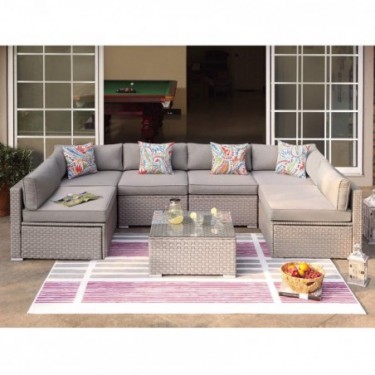 COSIEST 7-Piece Outdoor Furniture Set Warm Gray Wicker Sectional Sofa w Thick Cushions, Glass Coffee Table, 6 Floral Fantasy 
