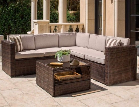 SOLAURA Outdoor 4-Piece Sofa Sectional Set All Weather Brown Wicker with Beige Waterproof Cushions & Sophisticated Glass Coff