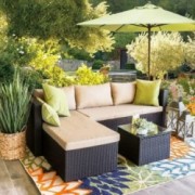 Barton 3-Piece Outdoor Rattan Sectional Sofa Patio Wicker Thick Seat Cushion Water Repellent Ottoman Birdsong Coffee Table Se