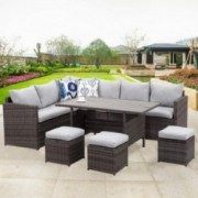 Wisteria Lane Patio Furniture Set,7 PCS Outdoor Conversation Set All Weather Wicker Sectional Sofa Couch Dining Table Chair w