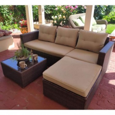 SUNSITT Outdoor Sectional Sofa 4 Piece Furniture Set All Weather Brown Wicker with Beige Seat Cushions, Ottoman & Glass Coffe