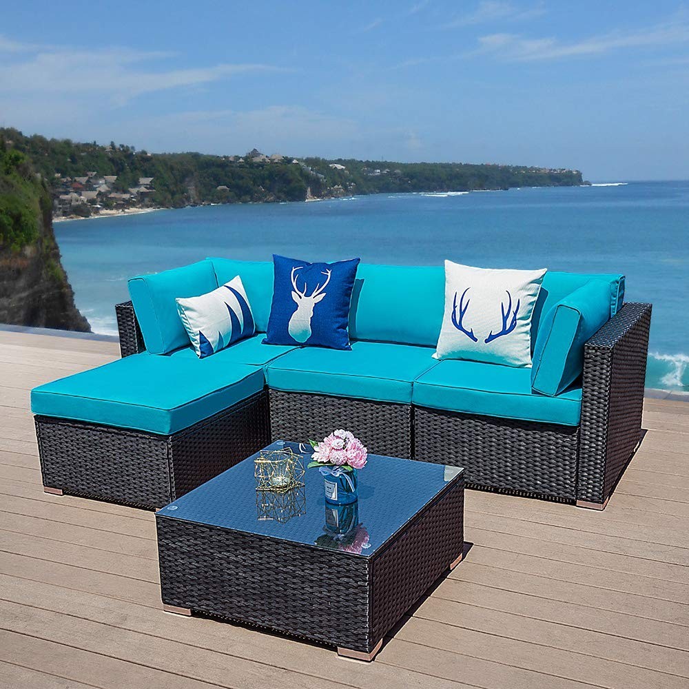 Green4ever 5 PCs Outdoor Furniture Sectional Sofa Set Patio Wicker Sofa, 5 Piece All-Weather PE Rattan Furniture Sets with Bl