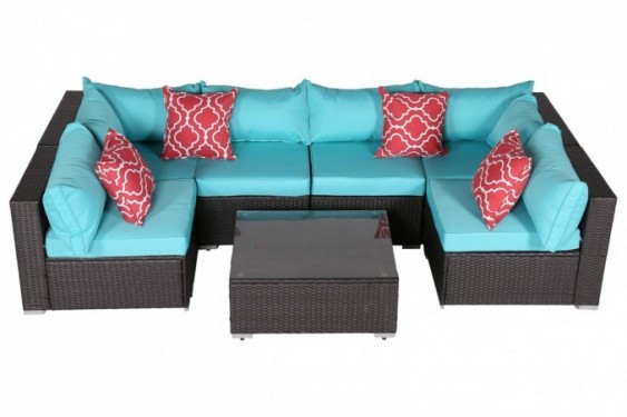 Do4U Patio Sofa 7-Piece Set Outdoor Furniture Sectional All-Weather Wicker Rattan Sofa Turquoise Seat & Back Cushions, Garden