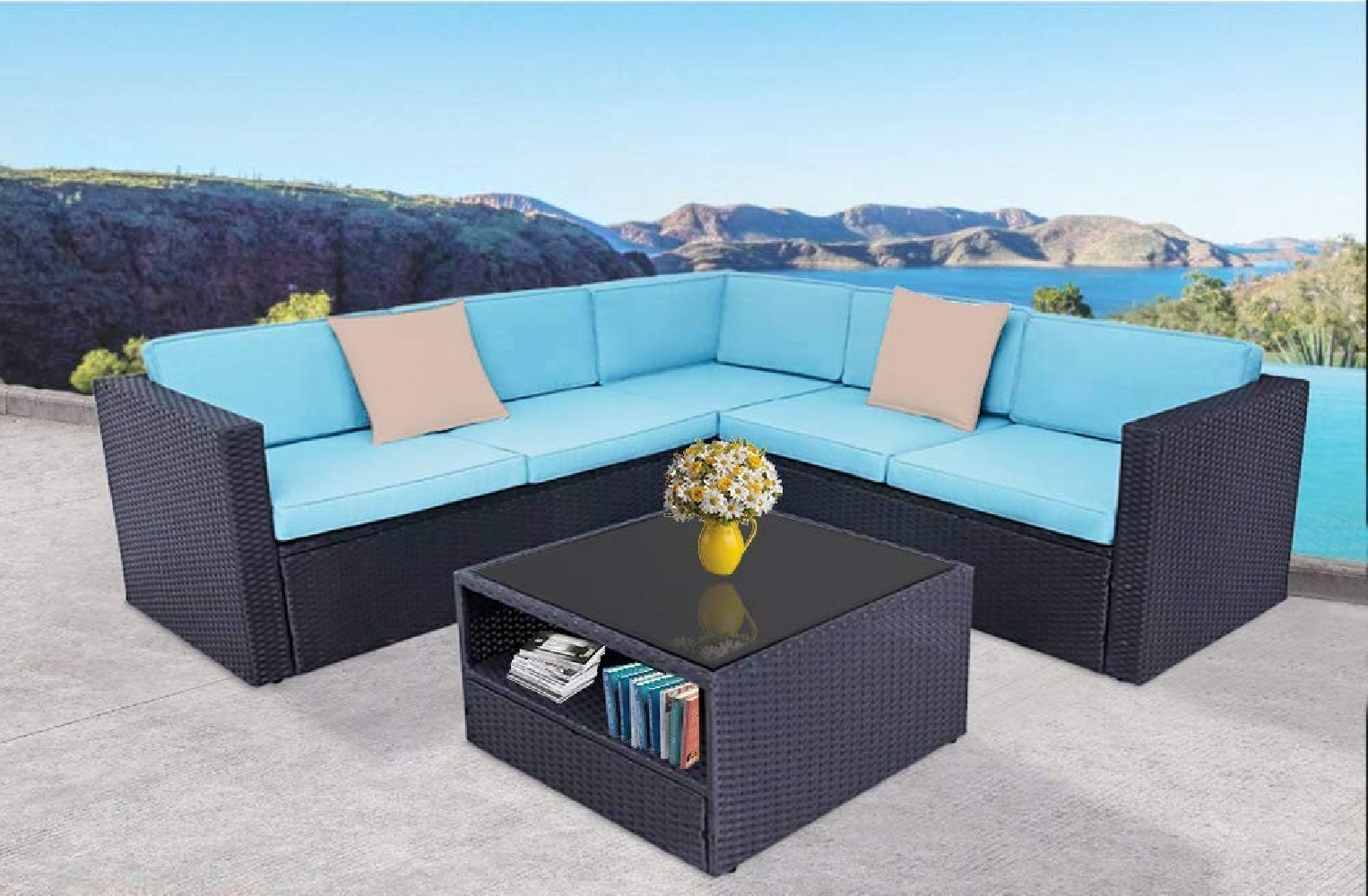 Oakmont Outdoor Patio Furniture 4Pcs Conversation Sectional Sofa with Premium Wicker, Sturdy Frame, Thick Sky Blue Cushions a