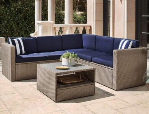 SOLAURA Outdoor 4-Piece Furniture Sectional Sofa Set All Weather Warm Grey Wicker with Nautical Navy Blue Cushions & Sophisti