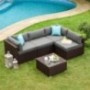 COSIEST 5-Piece Outdoor Patio Furniture Chocolate Brown Wicker Executive Sectional Sofa w Dark Grey Thick Cushions, Glass-Top