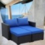 3-Piece Patio PE Rattan Conversation Furniture Set Outdoor PE Wicker Sectional Loveseat and Ottoman Sofa Set, Royal Blue Cush