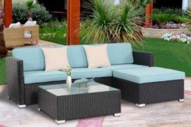 Oakmont Outdoor Patio 5 pc Sectional Sofa Set All Weather Wicker with Sky Blue Cushion | Exquisite Glass-Top Coffee Table