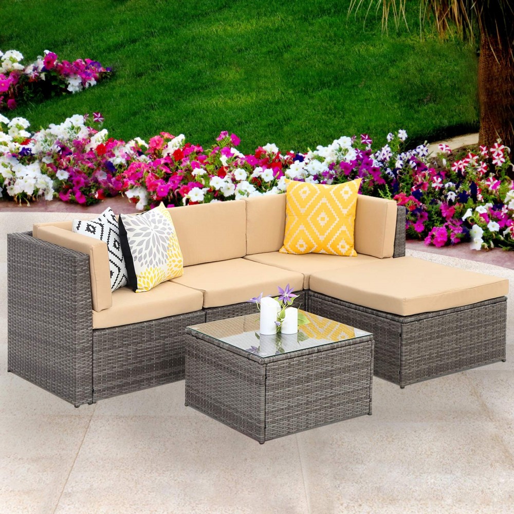 Wisteria Lane Outdoor Sectional Patio Furniture,5 Piece Wicker Rattan Sofa Couch with Ottoma Conversation Set Gray Wicker,Bei