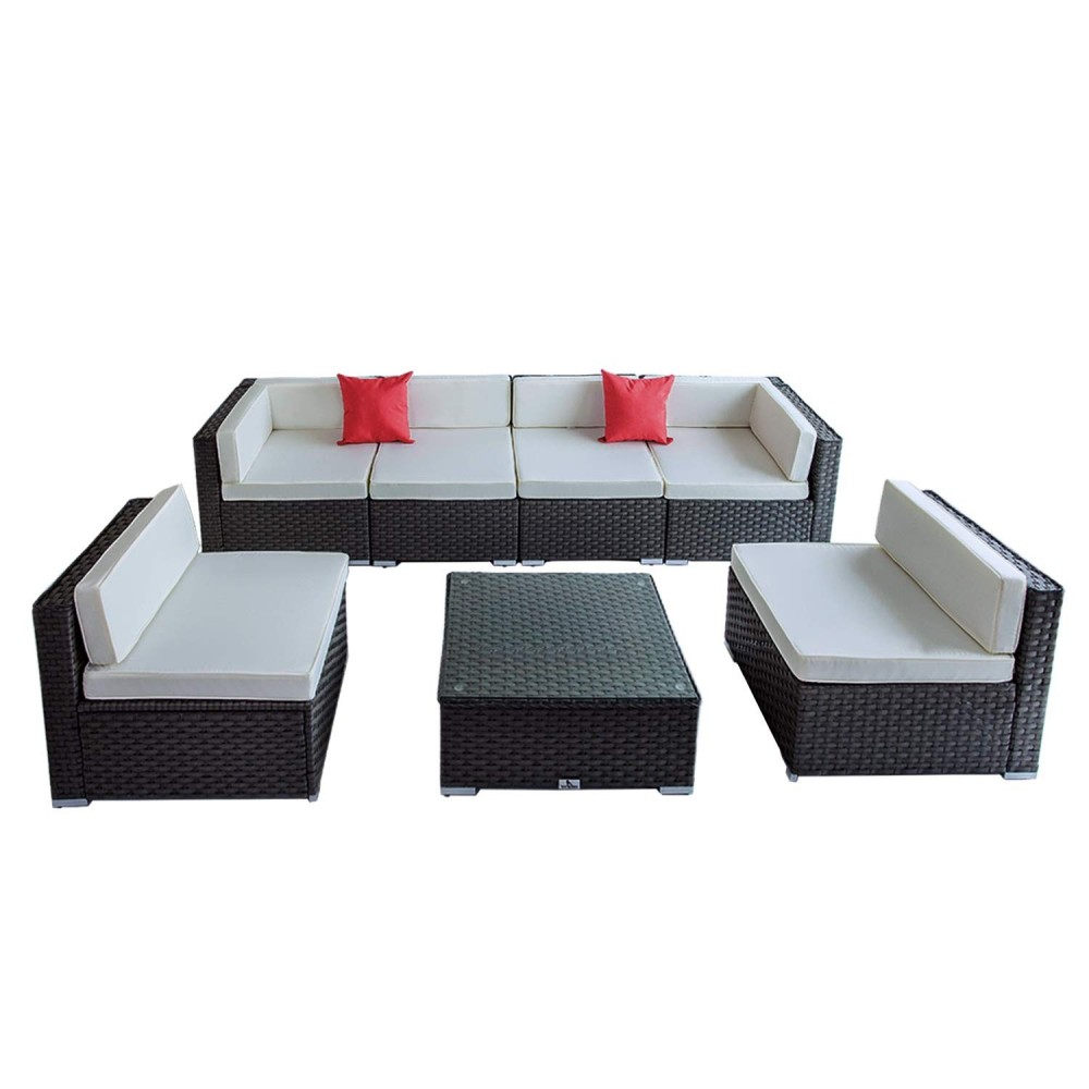 Welpatio 7 PCs Outdoor PE Rattan Wicker Furniture Sectional Conversation Sofa Set with Tea Table, Cushions & Pillows