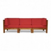 Great Deal Furniture Keith Outdoor Sectional Sofa Set | 3-Seater | Acacia Wood | Water-Resistant Cushions | Teak and Red