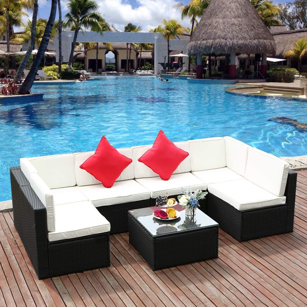 M&W 7 Pieces Patio Sofa Set, PE Wicker Rattan Outdoor Sectional Furniture, 6 Cushioned Chairs and 1 Glass Coffee Table for La