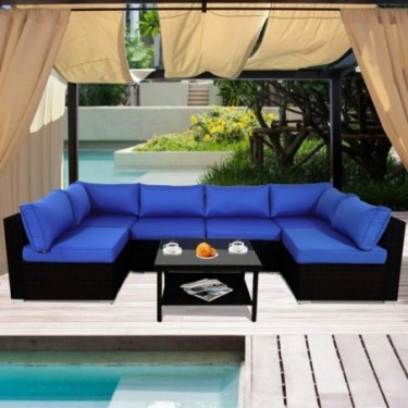 Patio Sofa Outdoor Rattan Couch Wicker 7PCS Sectional Conversation Sofa Lawn Garden Patio Furniture Set New Black Royal Blue 
