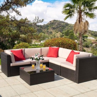 Homall 6 Pieces Outdoor Furniture Patio Sofa Sets Conversation Set All Weather PE Rattan Manual Wicker Beige Cushion
