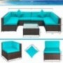 7 PCS Outdoor Rattan Wicker Furniture Set Garden Patio Sectional Sofa with Cushioned Seat and Glass Coffee Table for Poolside