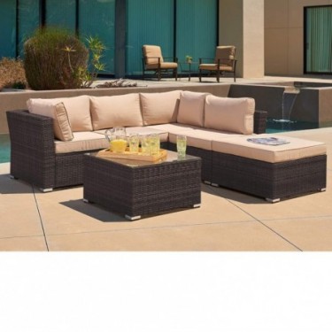 SUNCROWN Outdoor Patio Furniture Sectional Sofa  4 Piece Set  All Weather Brown Checkered Wicker with Beige Washable Seat Cus
