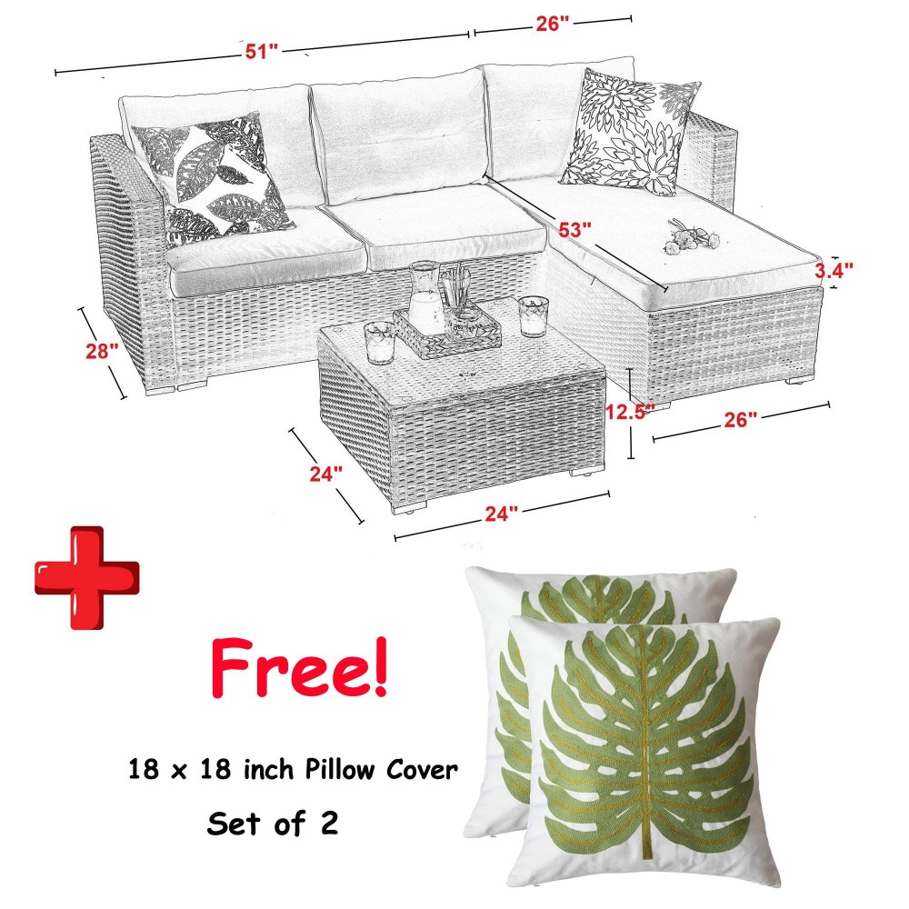PHI VILLA 3Piece Patio Furniture Set Rattan Sectional Sofa
