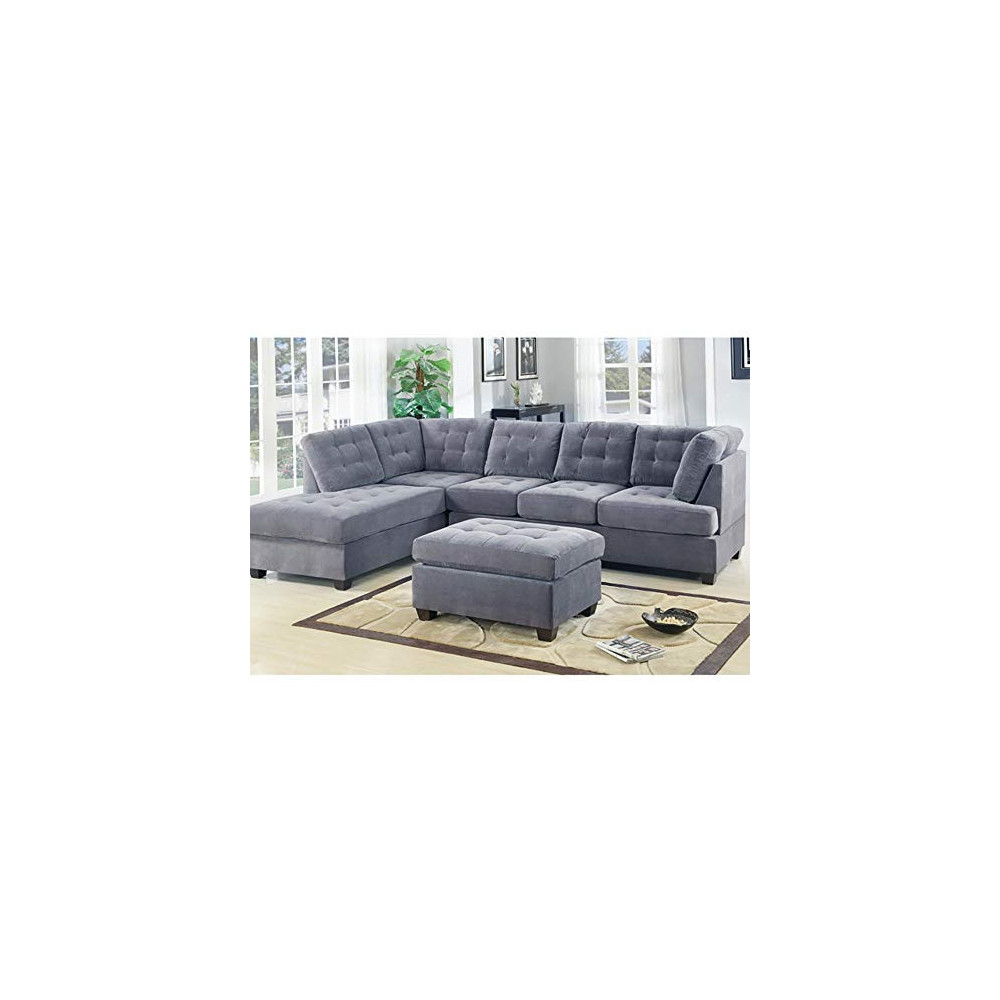 Casa AndreaMilano 2 Piece Modern Grey Soft Tufted Micro Suede Sectional Sofa Couch with Reversible Chaise & Ottoman, L Shaped