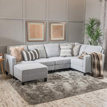 Christopher Knight Home Zahra Fabric Sectional Couch with Ottoman, 6-Pcs Set, Light Grey