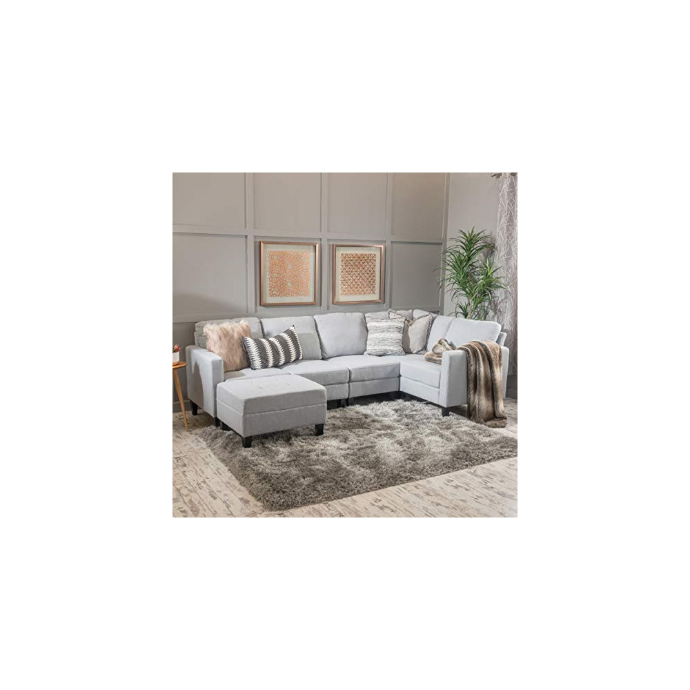Christopher Knight Home Zahra Fabric Sectional Couch with Ottoman, 6-Pcs Set, Light Grey
