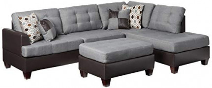 Poundex Bobkona Matthew Linen-Like Polyfabric Left or Right Hand Chaise SECTIONAL Set with Ottoman in Grey