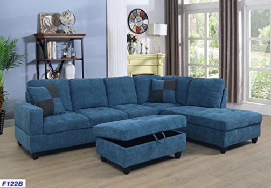 Beverly Fine Furniture Right Facing Russes Sectional Sofa Set With Ottoman, Blue