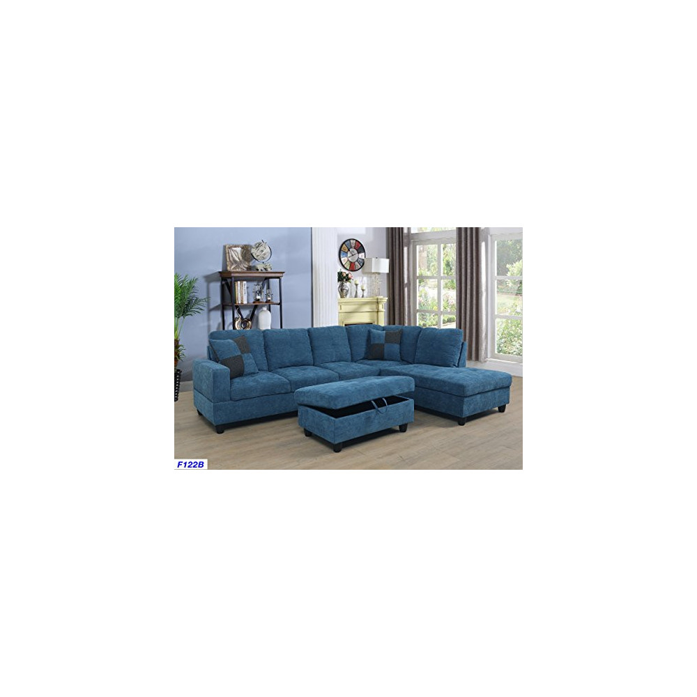 Beverly Fine Furniture Right Facing Russes Sectional Sofa Set With Ottoman, Blue