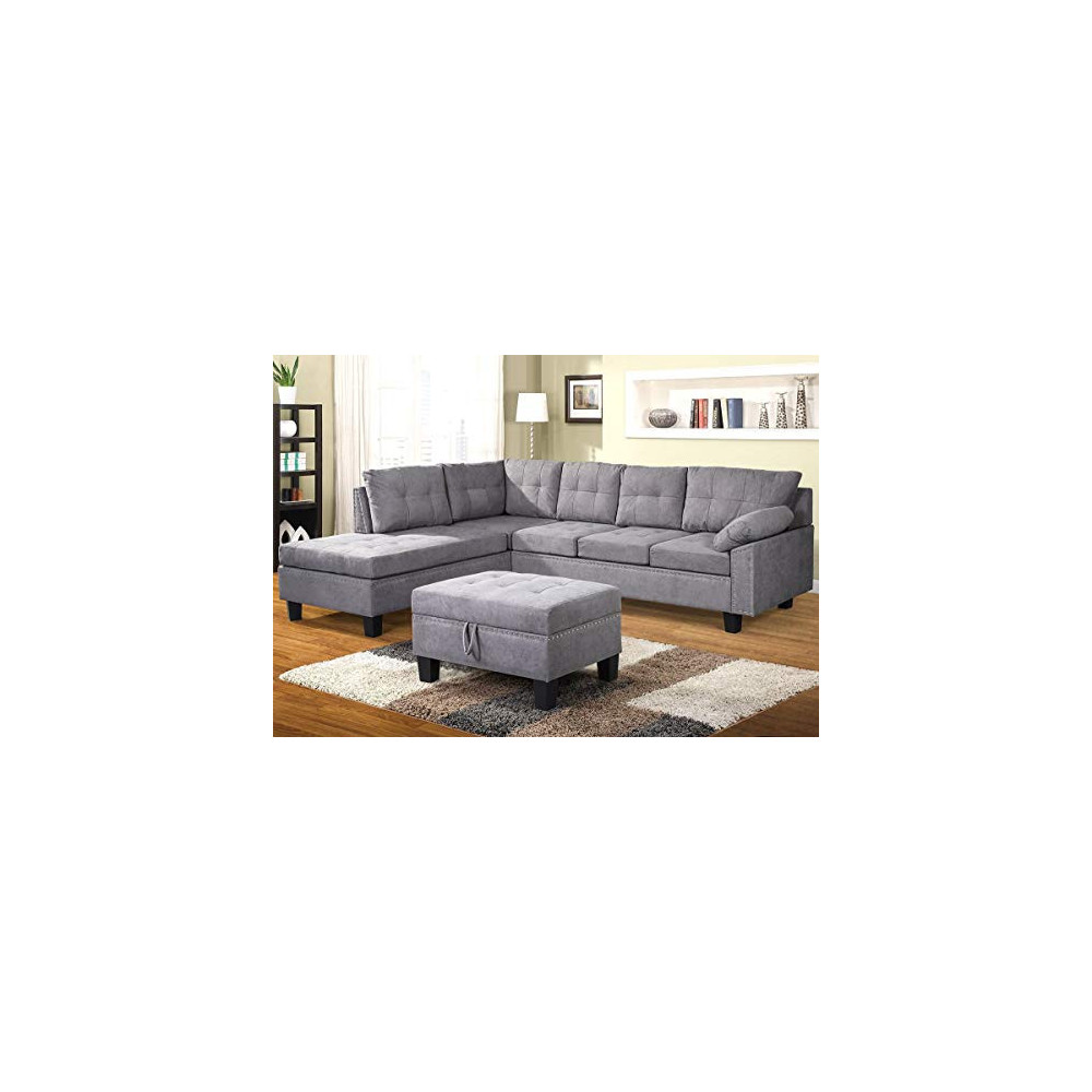 Merax Sectional Sofa with Chaise and Ottoman 3-Piece Sofa for Living Room Furniture, Gray 