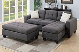 Poundex One Sectional with Ottoman and 2 Pillows in Gray, Blue Grey