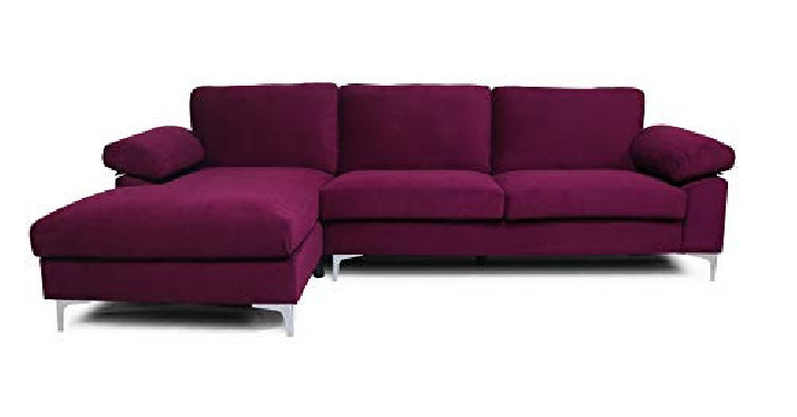 Velvet Fabric Sectional Sofa Set Corner Couch with Chaise Lounge Living Room Furniture  Luxury Purple 