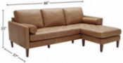 Rivet Aiden Mid-Century Leather Sectional with Tapered Wood Legs, 86"W, Cognac